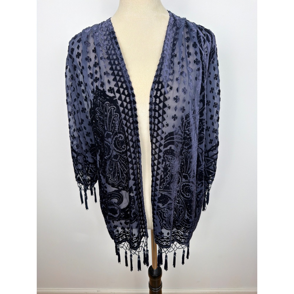 Chico's Kimono S/M Navy Royal Blue Burnout Velvet Fringe Boho Whimsigoth Fairy